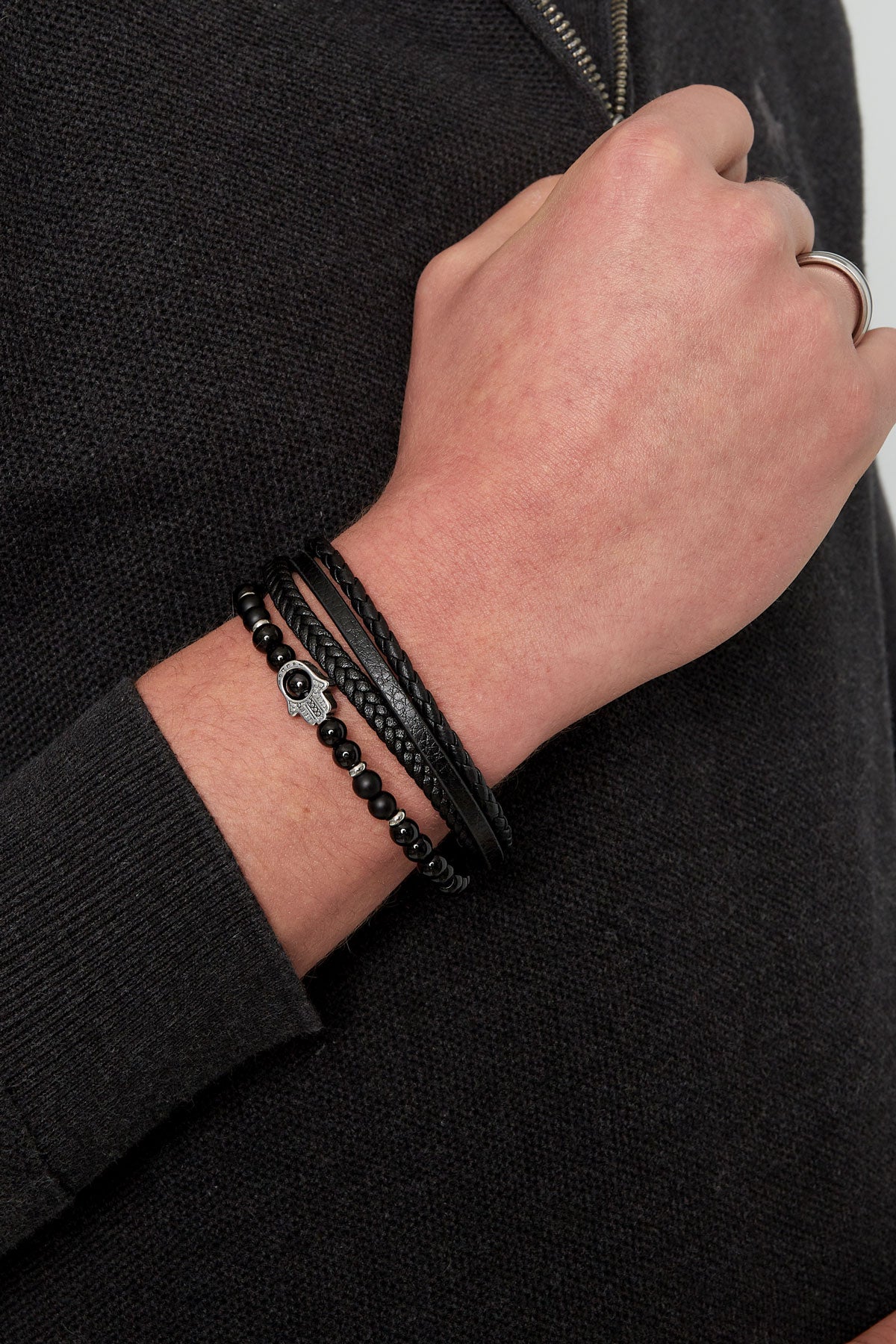 Double-Layer Men's Leather Bracelet with Hand Charm