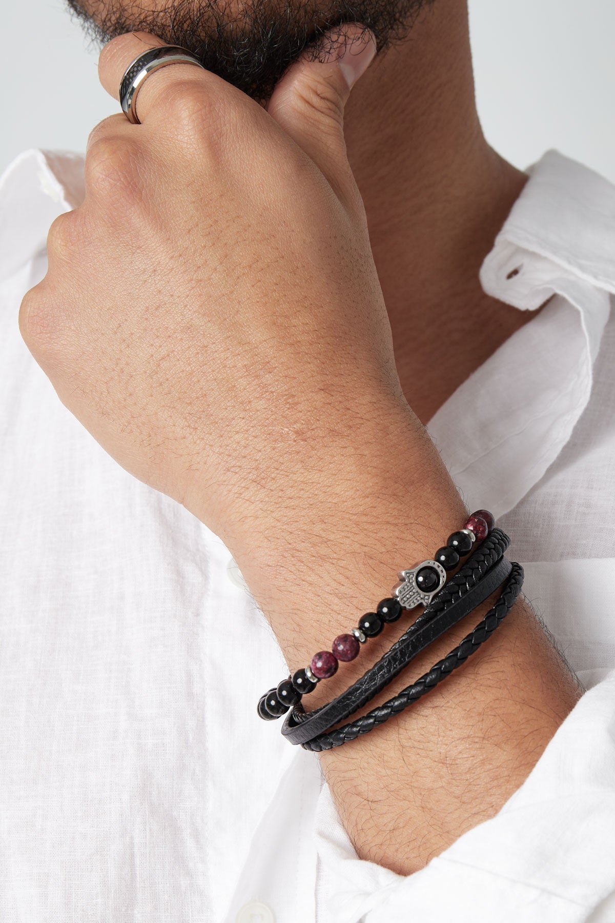 Double-Layer Men's Leather Bracelet with Hand Charm